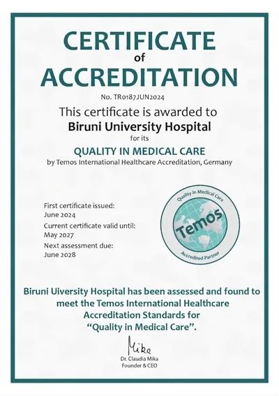 TEMOS “Quality in Medical Care” accreditation certificate awarded to Biruni University Hospital
